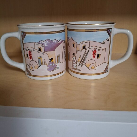 Vintage Japan Pueblo Village Scene Ceramic Coffee Mugs Pair Gold Trim 10 oz - Picture 2 of 5
